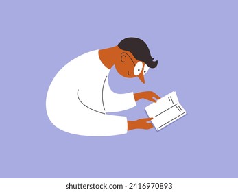 Young man with glasses reading holding book in hand. Male character relaxing. Books lover concept. Boy looks at page with interest reads literature story. Book club vector illustration. Literacy day