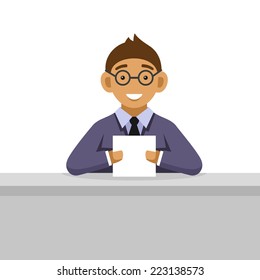 Young Man with Glasses Reading Newspaper. Vector illustration