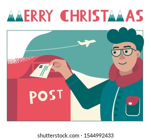 Young man in glasses sending postcard. Throws in red snowbound mailbox. Average plan: face, hand. Phrase Merry Christmas - geometric style. Plane in sky. Son in winter jacket sending letter to parents