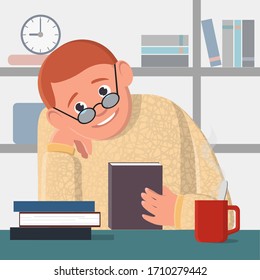 A young man with glasses sits at a table, he reads an interesting book. Literature is very important for life. Nearby on the table is a mug of coffee. Good pastime. Vector illustration.