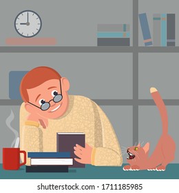 A young man with glasses sits at a table, reads an interesting book and plays with a cat. Nearby on the table is a mug of coffee. Have a good time. Vector illustration