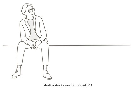 Young man in glasses sitting and waiting for someone. Hand drawn vector illustration. Black and white.