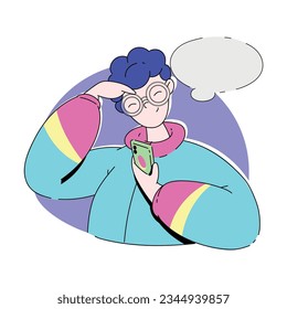 Young Man in Glasses Thinking with Empty Thought Bubble Holding Smartphone Vector Illustration