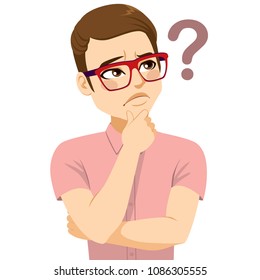 Young man with glasses thinking looking suspiciously doubting question mark