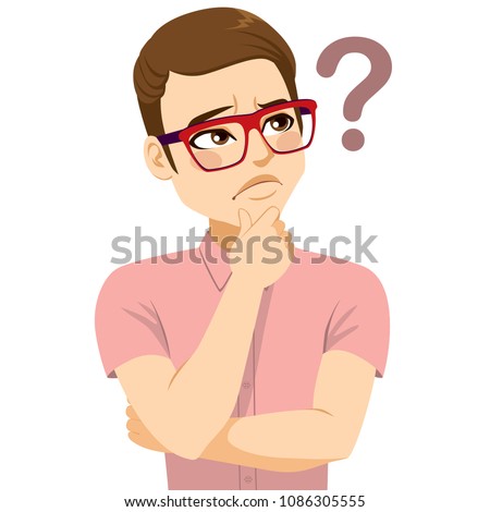 Young man with glasses thinking looking suspiciously doubting question mark