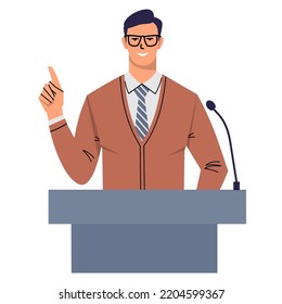 A young man in glasses and a tie stands behind the podium during a performance. A smiling leader, politician, teacher speaks publicly. Presentation of a businessman. Flat vector isolated on white. 
