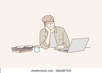 The young man with glasses is tired and bored while working at a laptop computer. Hand drawn style vector design illustrations.