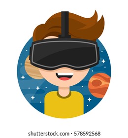 Young man with glasses of virtual reality. .. Flat vector icon cartoon character illustration design. New Gaming Cyber technologies. Glasses VR. Space. Isolated on white background