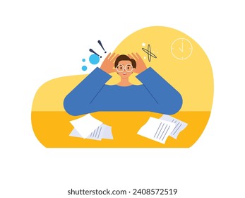 Young man glasses wearing a long blue shirt is dizzy with a lot of papers. Character design. Vector flat illustration