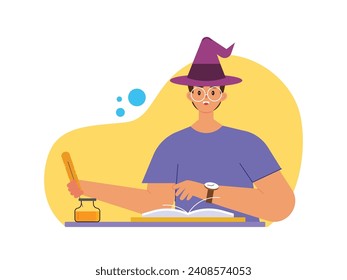 Gafas de hombre joven con sombrero de bruja escribiendo un libro con tinta de pluma de plumas, un juego divertido durante halloween. Diseño de caracteres. Ilustración plana del vector