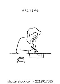 Young man with glasses, writing diary on working desk. Boy who writes a letter with pen and ink. Journalist author workspace. linear, Simple line art. Trendy vector illustration. Hand drawn style.