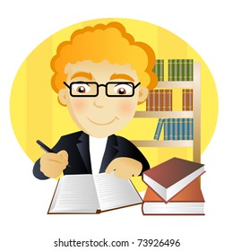 young man with glasses writing a notebook in a library