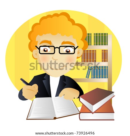 young man with glasses writing a notebook in a library