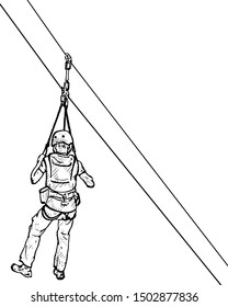 A Young Man Gliding Down A Zip Line. Hand Drawn Vector Illustration. 