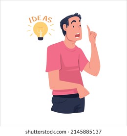 Young Man with Glowing Light Bulb Having Idea Vector Illustration