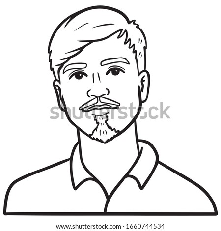 young man with goatee and mustache. avatar, outline, head, emotions, vector illustration.