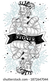 Young man with goblet and fish, symmetrical image with dividing tape, engraving style, old school hipster tattoo. Vector