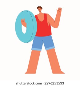 Young man goes to the beach,hold inflatable blue circle and waves his hand