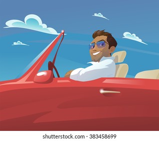 young man goes to a beautiful red car on a background of blue sky with clouds.