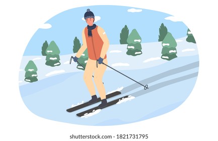 A young man goes down the snow-covered mountain on skis. Flat vector illustration