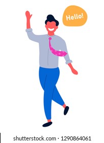 the young man goes and says hi. Colorful vector illustration in flat cartoon style