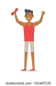 Young man goes in for sport. Sportive athlete with little barbell. Athletics sport template. Active way of life concept. Competitions, achievements. Happy cartoon character. Vector illustration.