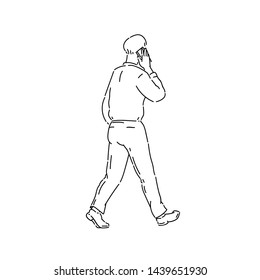 Young man goes and talks on phone vector line art black white sketch isolated illustration.