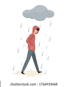 A young man goes under a rain cloud, depression and failure, sadness, upset. Vector illustration in cartoon flat style.