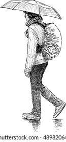 young man goes under umbrella