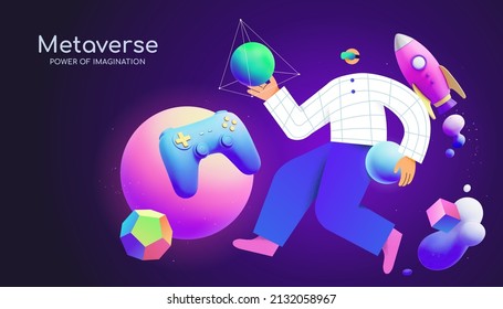 A young man with goggle floating among 3d neon gradient objects, including game controller and space rocket. Concept of surrealism, immersive experience, metaverse or virtual reality.