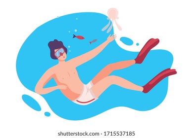 Young Man in Goggles and Flippers Swimming Under the Water, Summer Vacation, Extreme Hobby Flat Vector Illustration