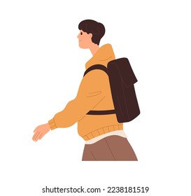 Young man going with backpack. Student in modern apparel, outfit, hoody walking outdoors. Asian guy, male character profile in motion, movement. Flat vector illustration isolated on white background