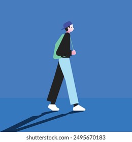Young man going with backpack. Student in modern apparel, outfit, hoody walking outdoors. Flat vector illustration isolated.