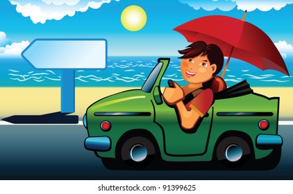 Young man going to the beach by cabriolet