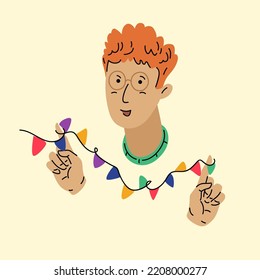 A young man is going to celebrate the New Year. Bright New Year's poster. The guy is smiling on the poster.