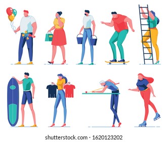 Young Man Going to Date with Flowers and Balloons, Woman Talking with Shopping Bags Flat Cartoon Vector Illustration. Boy Holding Buckets, Skating, Surfer with Board, Playing Billiards. Girl Skating.