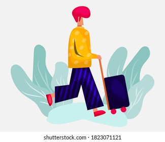 young man going holiday with briefcase vector illustration in flat style