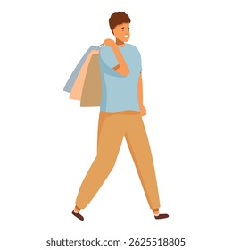 Young man going home after shopping, carrying colorful paper bags on his shoulder
