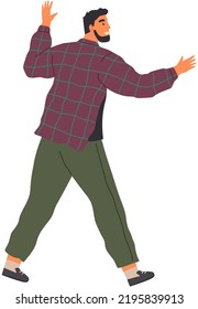 Young man going somewhere isolated on white. Male person walking and making hand gestures late for event and tries to gain it on hurrying. Vector illustration of lateness in cartoon style flat