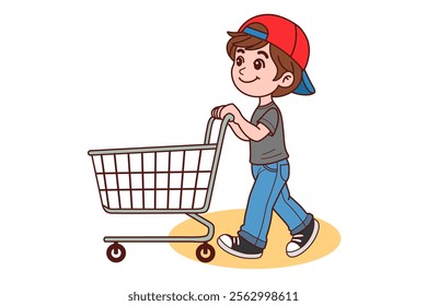 The young man is going to the supermarket with a shopping cart.