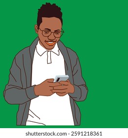 A young man going through his mobile phone messages