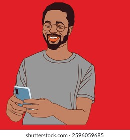 young man going through his mobile phone conversation smiling