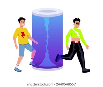 Young man going through teleport and change clothes flat style, vector illustration isolated on white background. Decorative design element, transportation on time or space