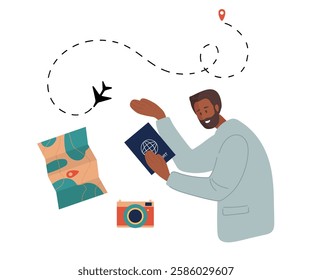 Young man going to travel. Man Traveling with passport. Tourist casual clothes. Colored flat vector illustration on white background. Vacation or business trip concept. Waiting for transport