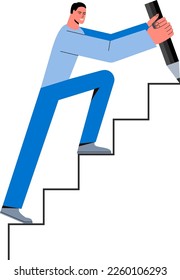 Young man going upstairs along path drawing by himself  Vector illustration concept for self made person  personal growth  career