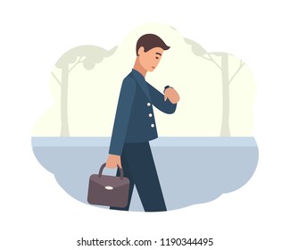 Young man going to work in morning. Male character walking on street and looking at wristwatch. Busy person or office worker. Start of day. Colorful vector illustration in flat cartoon style.