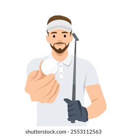 Young man golf player with club and ball. Flat vector illustration isolated on white background