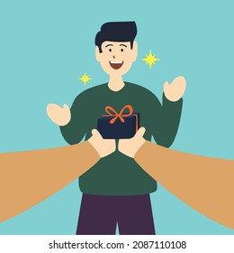 Young man got a gift. Flat style vector illustration of people doing activity 