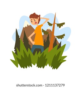 Young man got lost in the forest, guy scratching his head thoughtfully against the backdrop of beautiful nature vector Illustration