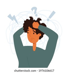 The young man grabbed his head because of the piled up problems and worries. Mental illness, overstressing exhausting rhythm of life, solution a lot of tasks at one moment concept. Vector illustration